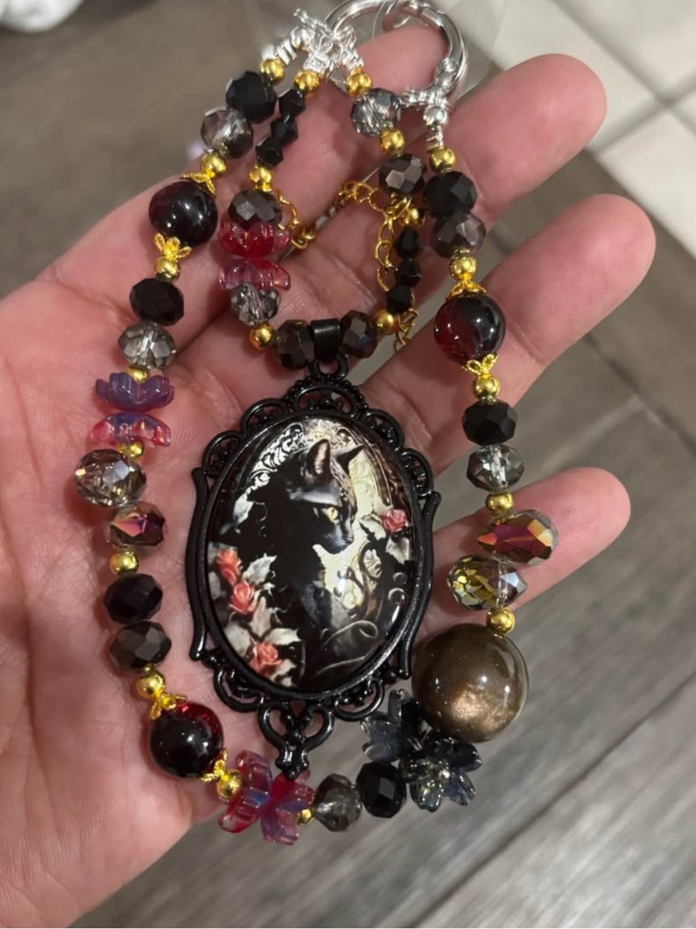 Beaded Black Cat Pendant Clip On Bag/Phone Charm